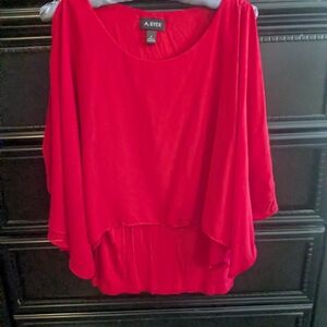 A. Byer Dressy Red Layered Draped Tunic Top Size Small Split Shoulder